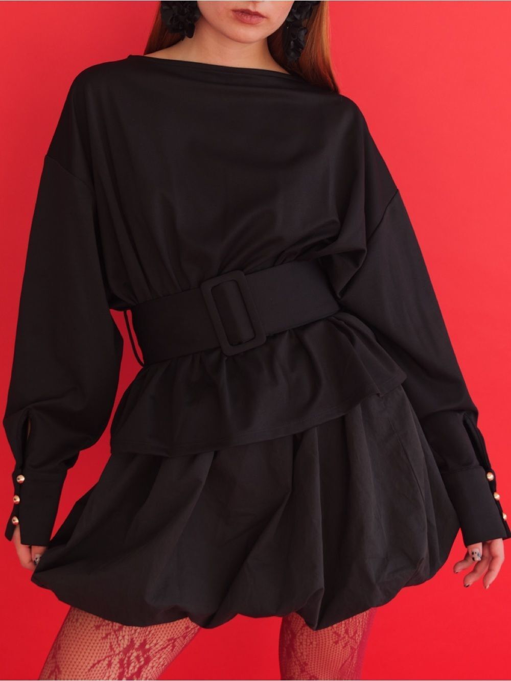 Commense Black Top Boat Neck Peplum Sweatshirt With Wide Belt Size S